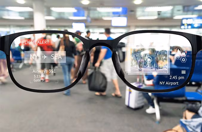 Augmented Worlds smart glasses surfacing a live flight alert in an airport